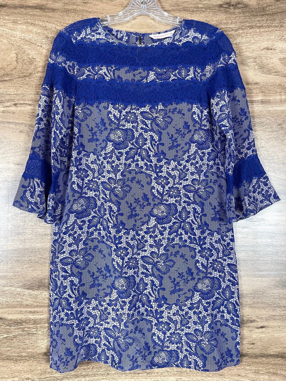 Rebecca Taylor Silk Dress Size 0 Blue White Lace Print Bell Sleeve Shift Mini